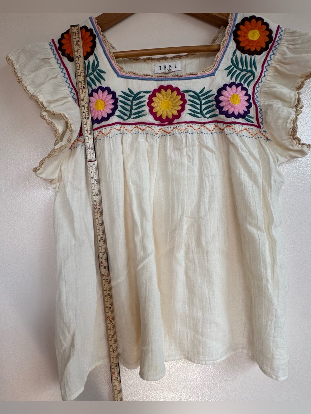THML Boho Mexican Floral Embroidered Gauze Square Neck Cotton Top Cream - Medium - Picture 10 of 13